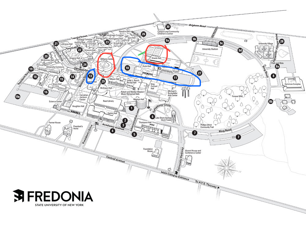 Parking (blue) and restrooms (red)