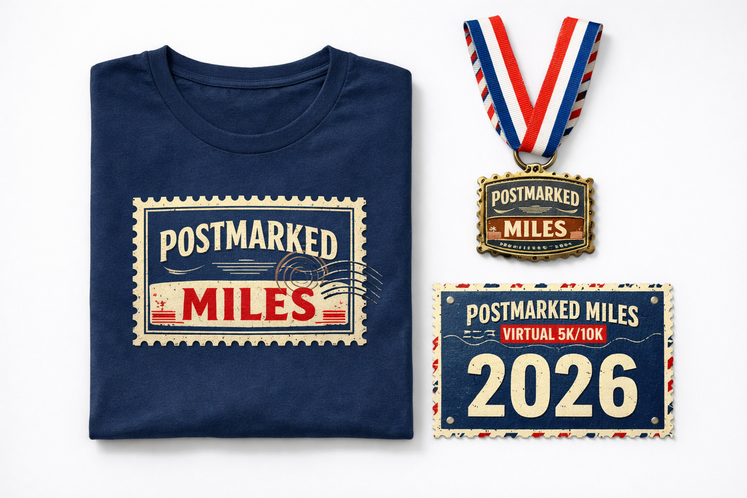 Postmarked Miles gear package &mdash; shirt, medal, and bib